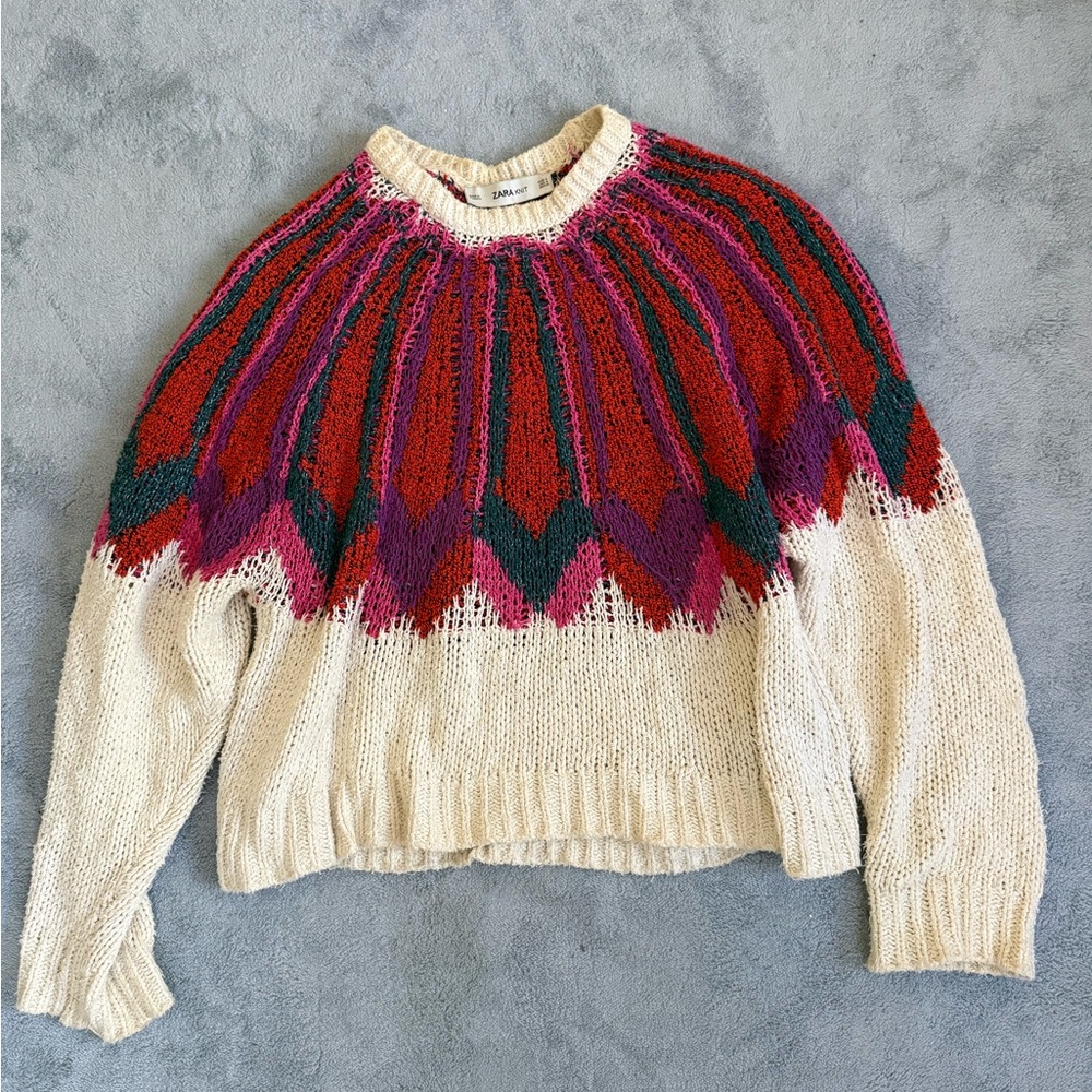 Zara Vibrant Red and Purple Patterned Sweater